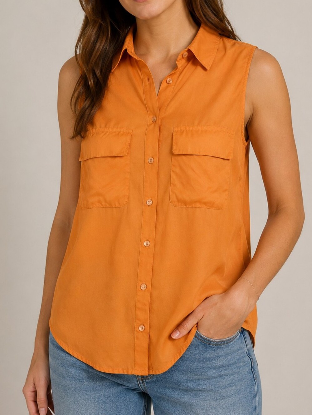 Equipment Femme Silk Orange Button Down Sleeveless Blouse